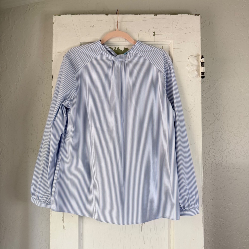 J.McLaughlin Blue White Striped Tie Back Blouse L Cotton Blend Long Sleeve Top